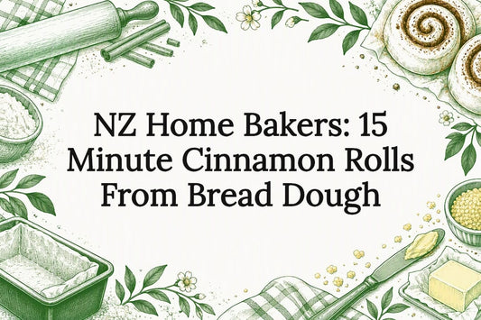 Cinnamon roll baking tools sketched around title