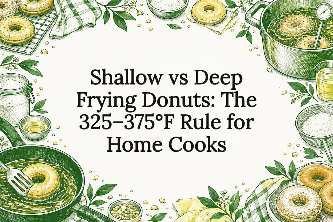 Hand-drawn donut frying tools frame the title